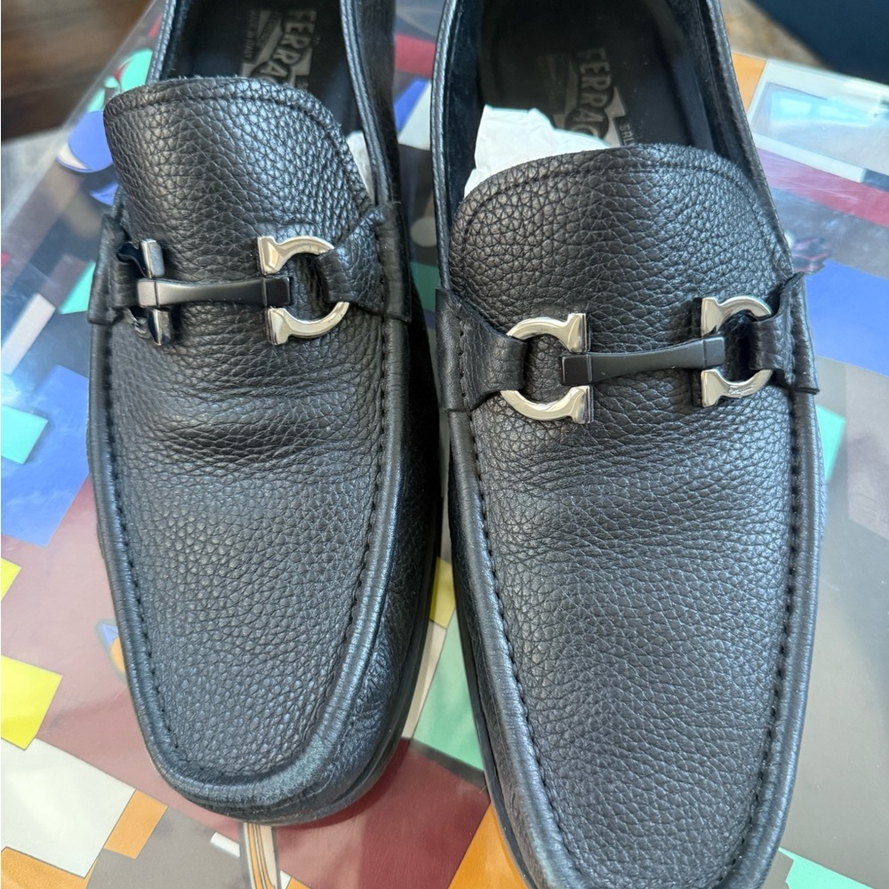 Salvatore Ferragamo Textured Black Loafers with Silver Accents